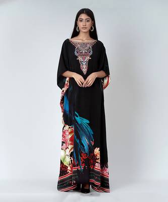 Black And Blue Splash Print Embellished Silk Full Length Kaftan 2