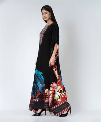 Black And Blue Splash Print Embellished Silk Full Length Kaftan 3