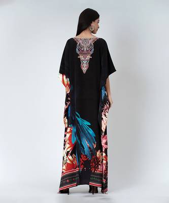 Black And Blue Splash Print Embellished Silk Full Length Kaftan 4