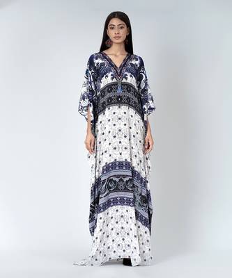 White And Blue Porcelain Print Embellished Silk Full Length Kaftan 1