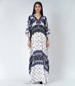 White And Blue Porcelain Print Embellished Silk Full Length Kaftan