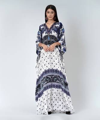 White And Blue Porcelain Print Embellished Silk Full Length Kaftan 2