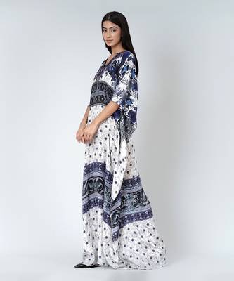 White And Blue Porcelain Print Embellished Silk Full Length Kaftan 3