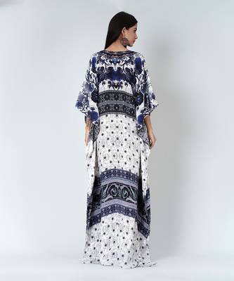 White And Blue Porcelain Print Embellished Silk Full Length Kaftan 4
