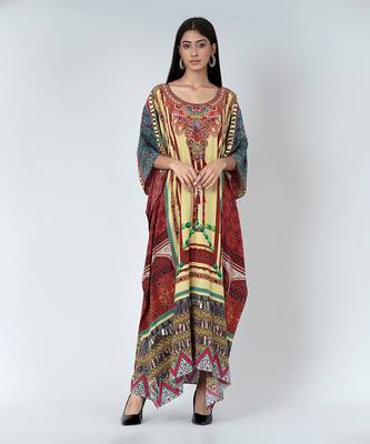 Yellow And Brown Tassel Print Embellished Silk Full Length Kaftan 1