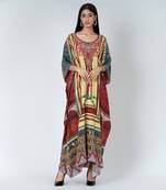 Yellow And Brown Tassel Print Embellished Silk Full Length Kaftan
