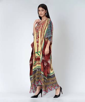 Yellow And Brown Tassel Print Embellished Silk Full Length Kaftan 2