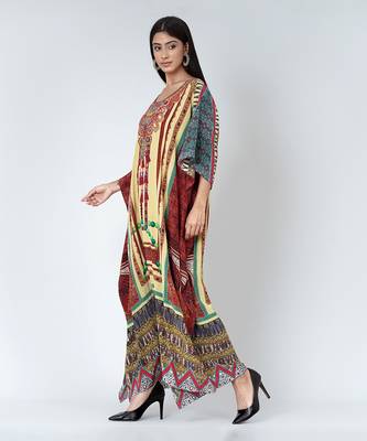 Yellow And Brown Tassel Print Embellished Silk Full Length Kaftan 3