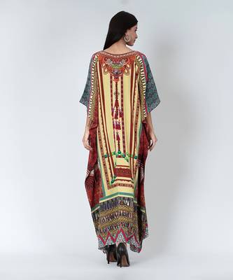 Yellow And Brown Tassel Print Embellished Silk Full Length Kaftan 4