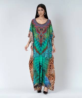Green Tribal Print Embellished Silk Full Length Kaftan 1