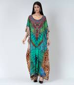 Green Tribal Print Embellished Silk Full Length Kaftan