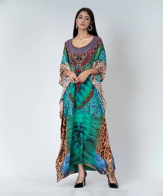 Green Tribal Print Embellished Silk Full Length Kaftan 2
