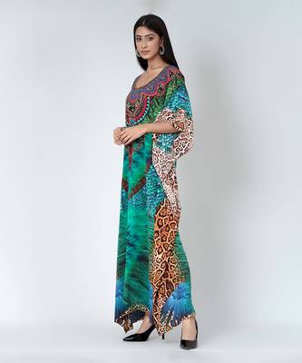 Green Tribal Print Embellished Silk Full Length Kaftan 3
