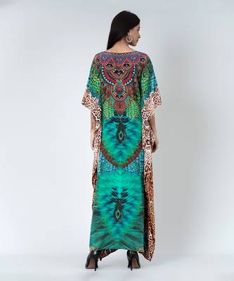 Green Tribal Print Embellished Silk Full Length Kaftan 4