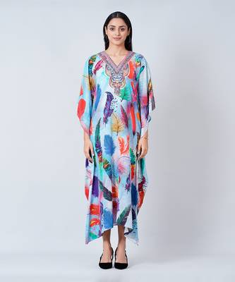 Multicoloured Feather Print Embellished Silk Full Length Kaftan 1