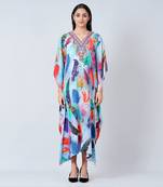 Multicoloured Feather Print Embellished Silk Full Length Kaftan