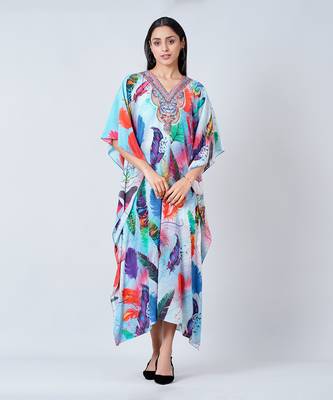 Multicoloured Feather Print Embellished Silk Full Length Kaftan 2