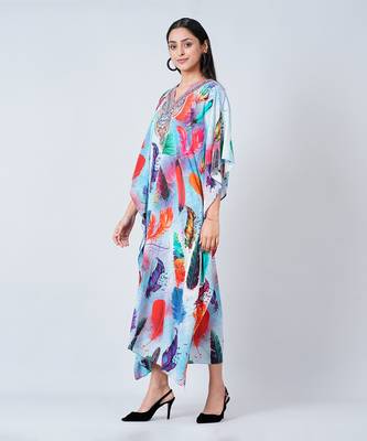 Multicoloured Feather Print Embellished Silk Full Length Kaftan 3