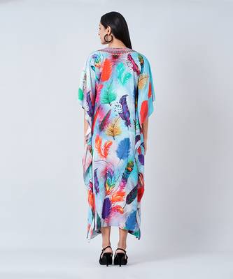 Multicoloured Feather Print Embellished Silk Full Length Kaftan 4