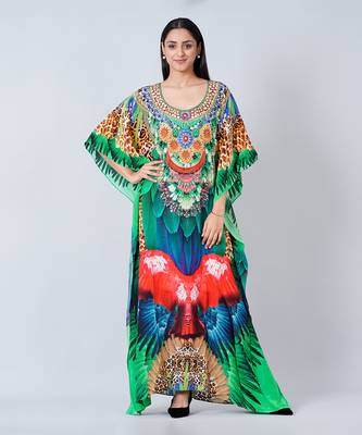 Green And Blue Tribal Embellished Silk Full Length Kaftan 1