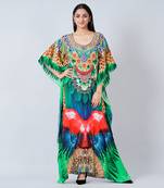 Green And Blue Tribal Embellished Silk Full Length Kaftan