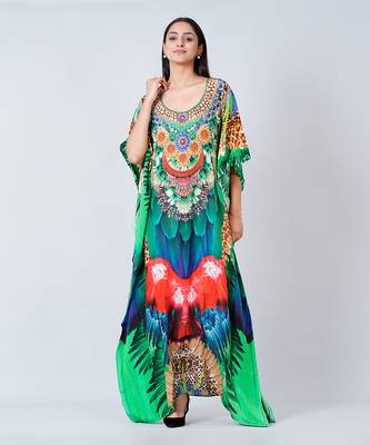Green And Blue Tribal Embellished Silk Full Length Kaftan 2