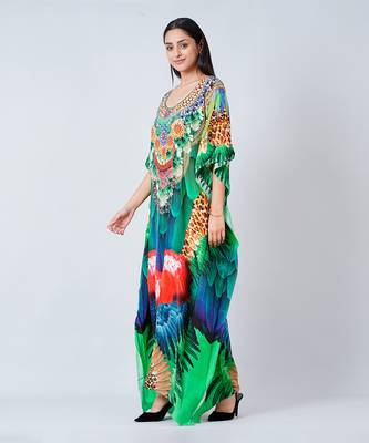 Green And Blue Tribal Embellished Silk Full Length Kaftan 3