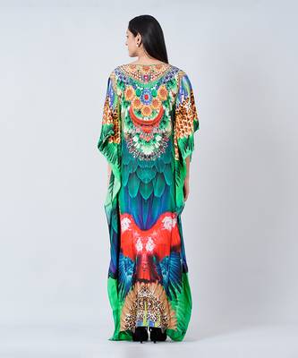 Green And Blue Tribal Embellished Silk Full Length Kaftan 4