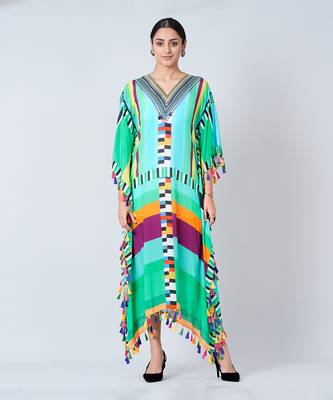 Blue And Green Geometric Mid Length Kaftan With Lace 1