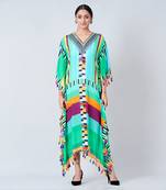 Blue And Green Geometric Mid Length Kaftan With Lace
