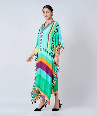 Blue And Green Geometric Mid Length Kaftan With Lace 2