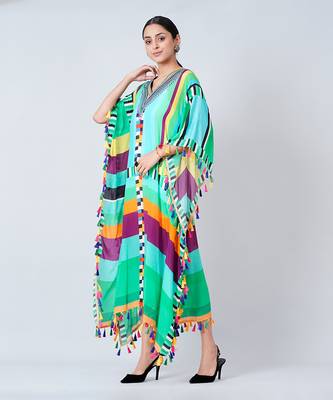 Blue And Green Geometric Mid Length Kaftan With Lace 3
