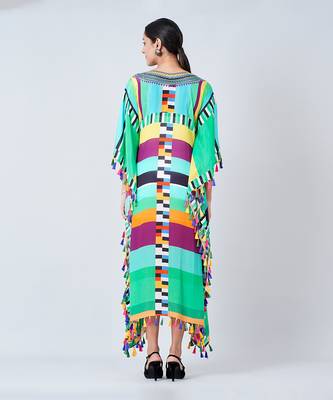 Blue And Green Geometric Mid Length Kaftan With Lace 4