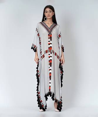 Grey Geometric Mid Length Kaftan With Lace 1