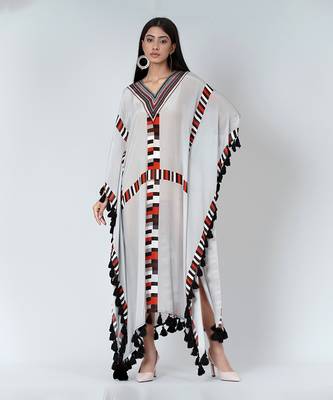 Grey Geometric Mid Length Kaftan With Lace 2
