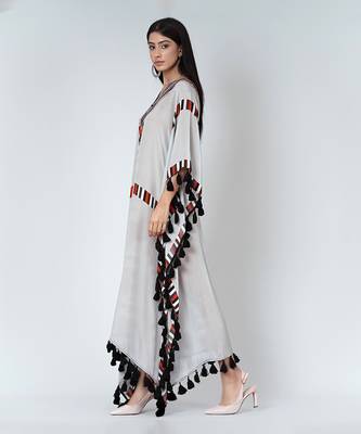 Grey Geometric Mid Length Kaftan With Lace 3