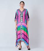 Purple And Green Geometric Mid Length Kaftan With Lace