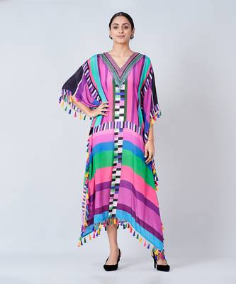Purple And Green Geometric Mid Length Kaftan With Lace 2