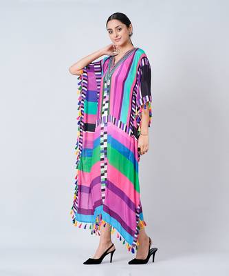 Purple And Green Geometric Mid Length Kaftan With Lace 3