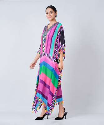 Purple And Green Geometric Mid Length Kaftan With Lace 4
