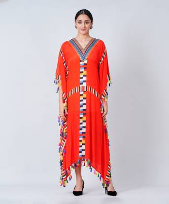 Red Geometric Mid Length Kaftan With Lace 1