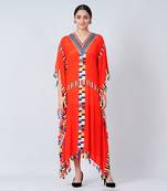 Red Geometric Mid Length Kaftan With Lace