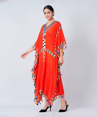Red Geometric Mid Length Kaftan With Lace 2