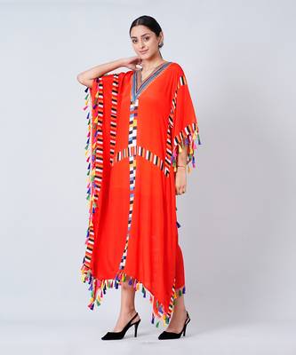 Red Geometric Mid Length Kaftan With Lace 3
