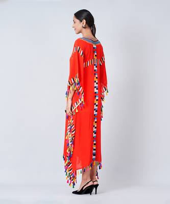 Red Geometric Mid Length Kaftan With Lace 4