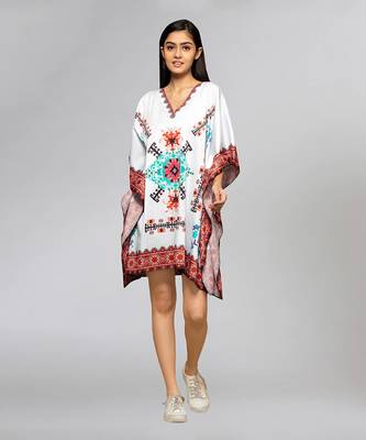 White And Blue Mosaic Print Kaftan Top 1