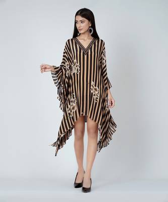 Black And Caramel Embellished Floral Frill Kaftan Tunic 1