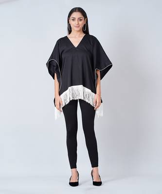 Black Kaftan Top With White Fringe 1