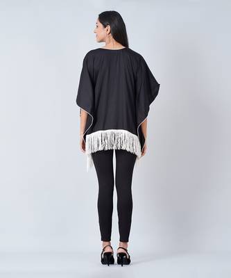 Black Kaftan Top With White Fringe 3