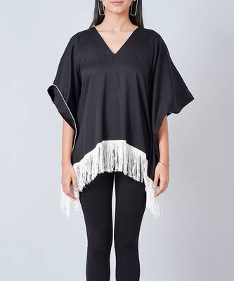 Black Kaftan Top With White Fringe 4
